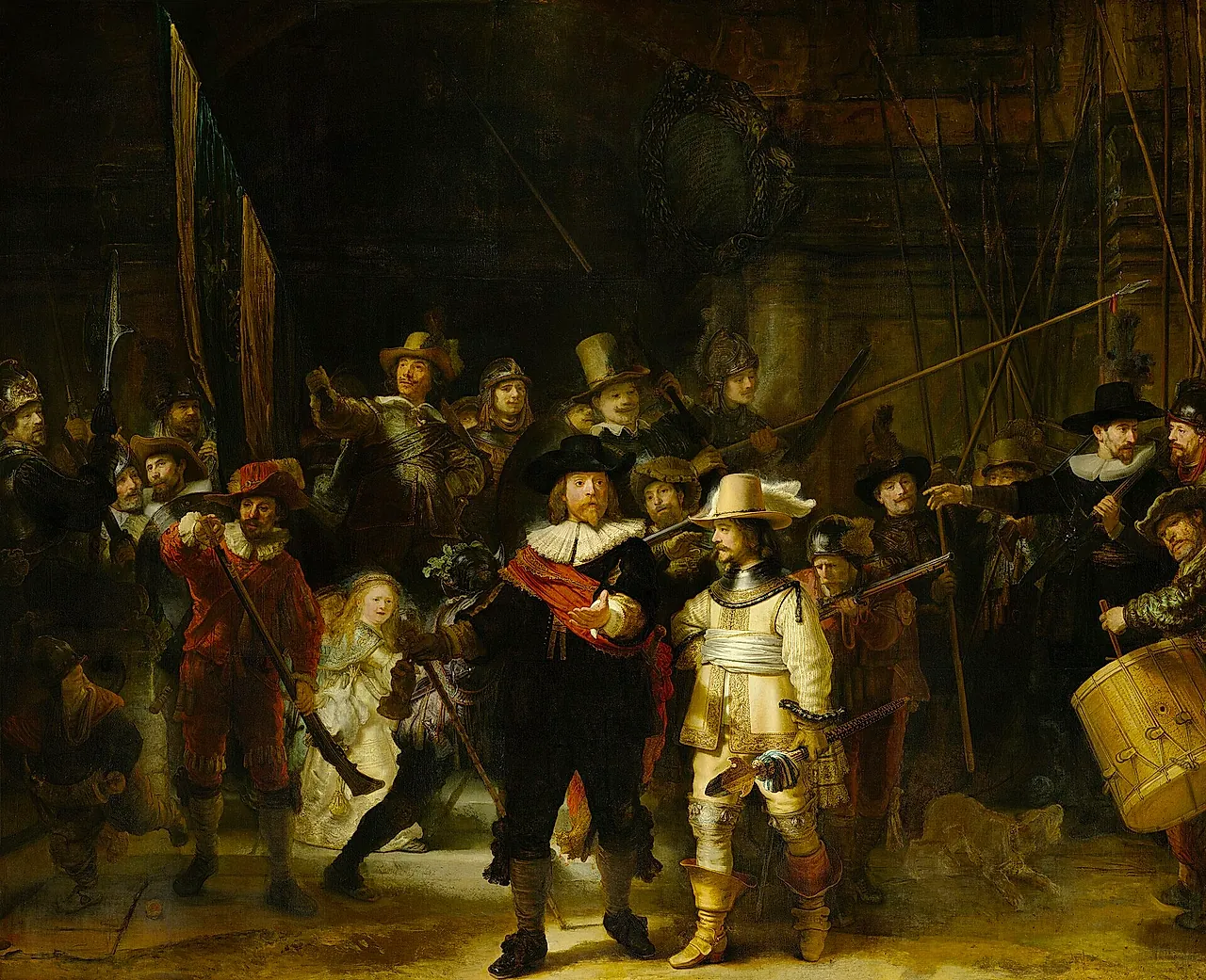 The Night Watch by Rembrandt (1642): the militia company of Captain Frans Banninck Cocq marching out, in dramatic light